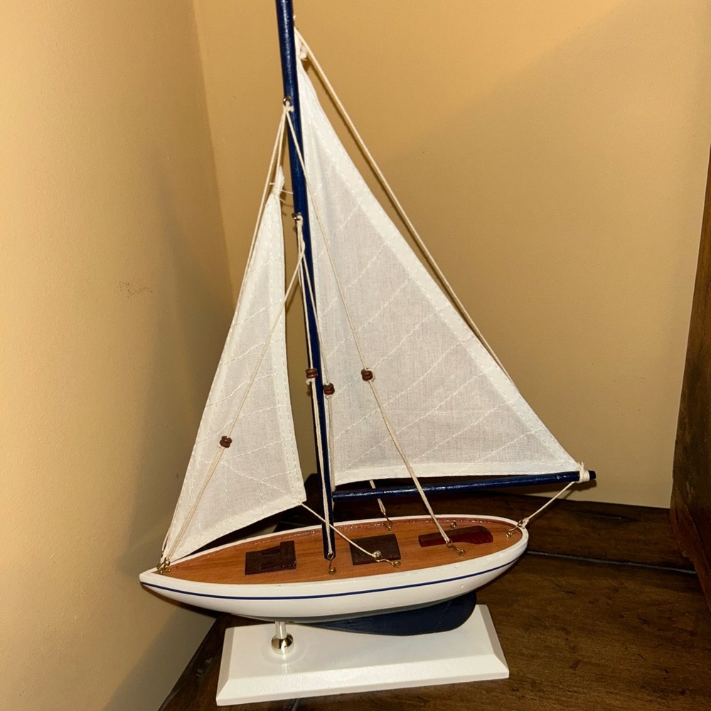 Nautical Wooden Sailboat Model Decor - White and Blue